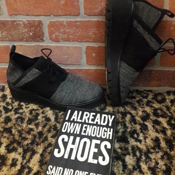 👢Eileen Fisher WILSON gray fabric Black Tie Wedge Oxford Women's Shoes 9 1/2 - Picture 10 of 12
